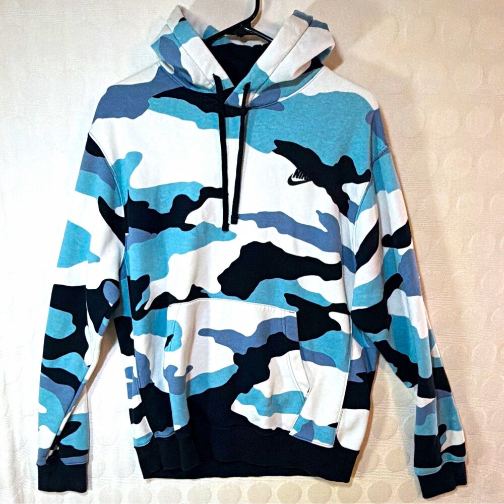 Nike Hoodie Mens Medium Blue White Black Camo Pullover Swoosh Sweatshirt